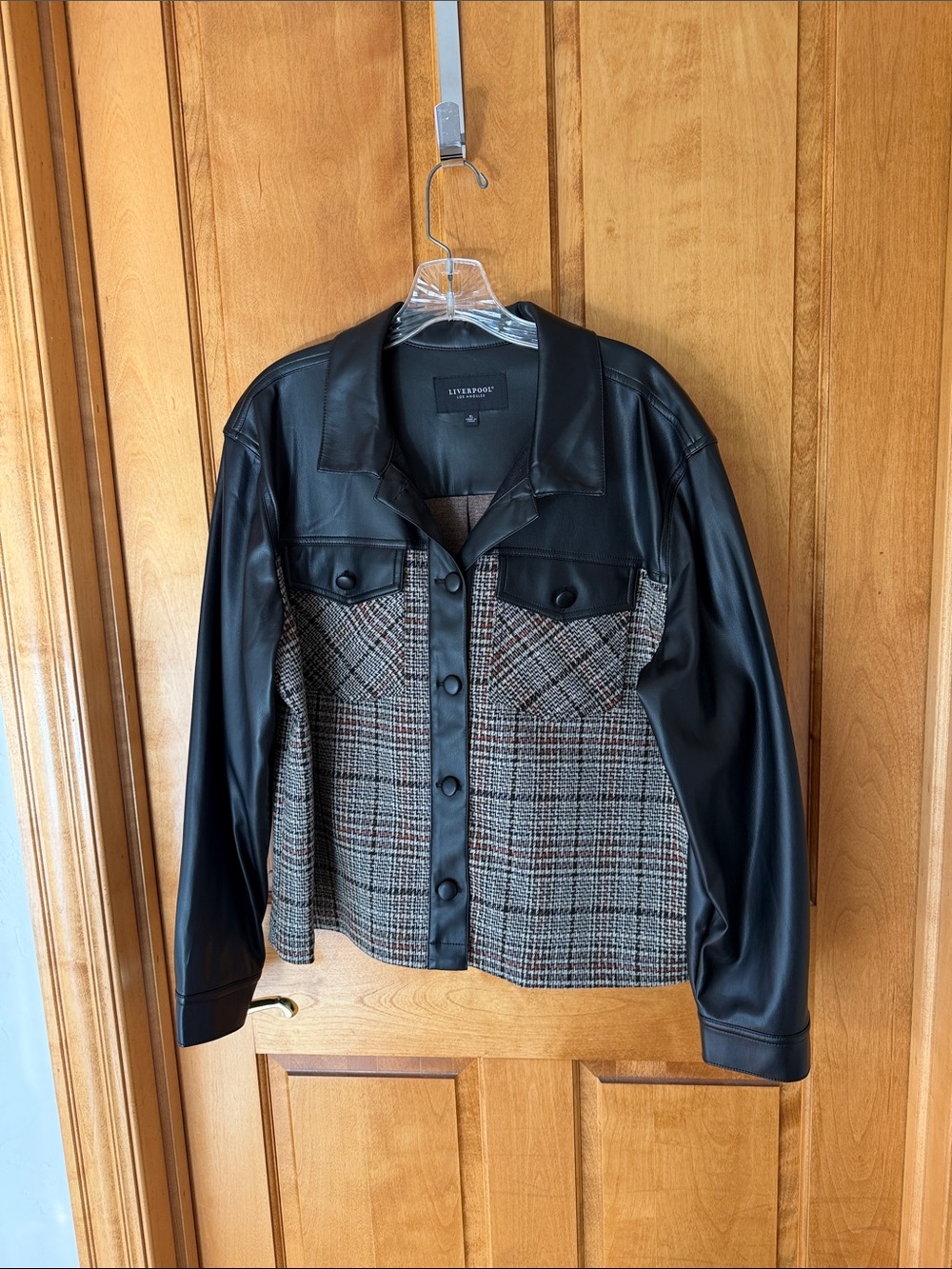 Liverpool Black Faux Leather & Brown Plaid Mixed-Media Jacket